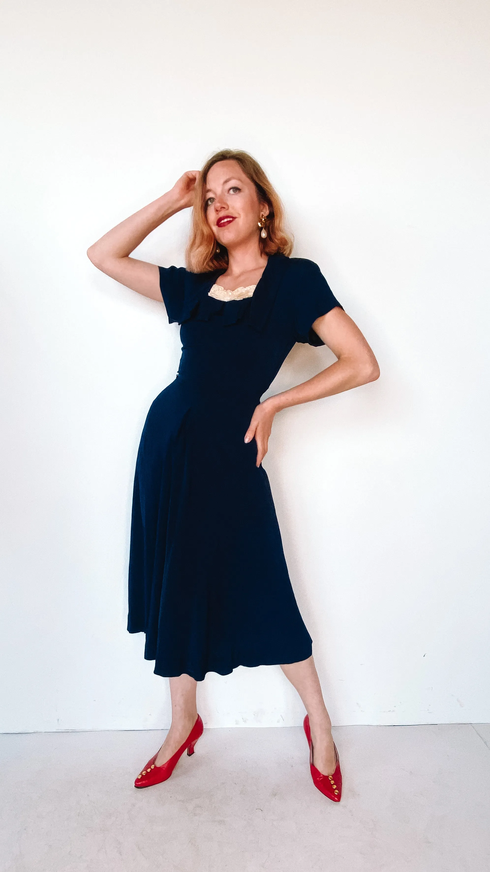 1940s Navy Dress with Lace Collar, sz. XS