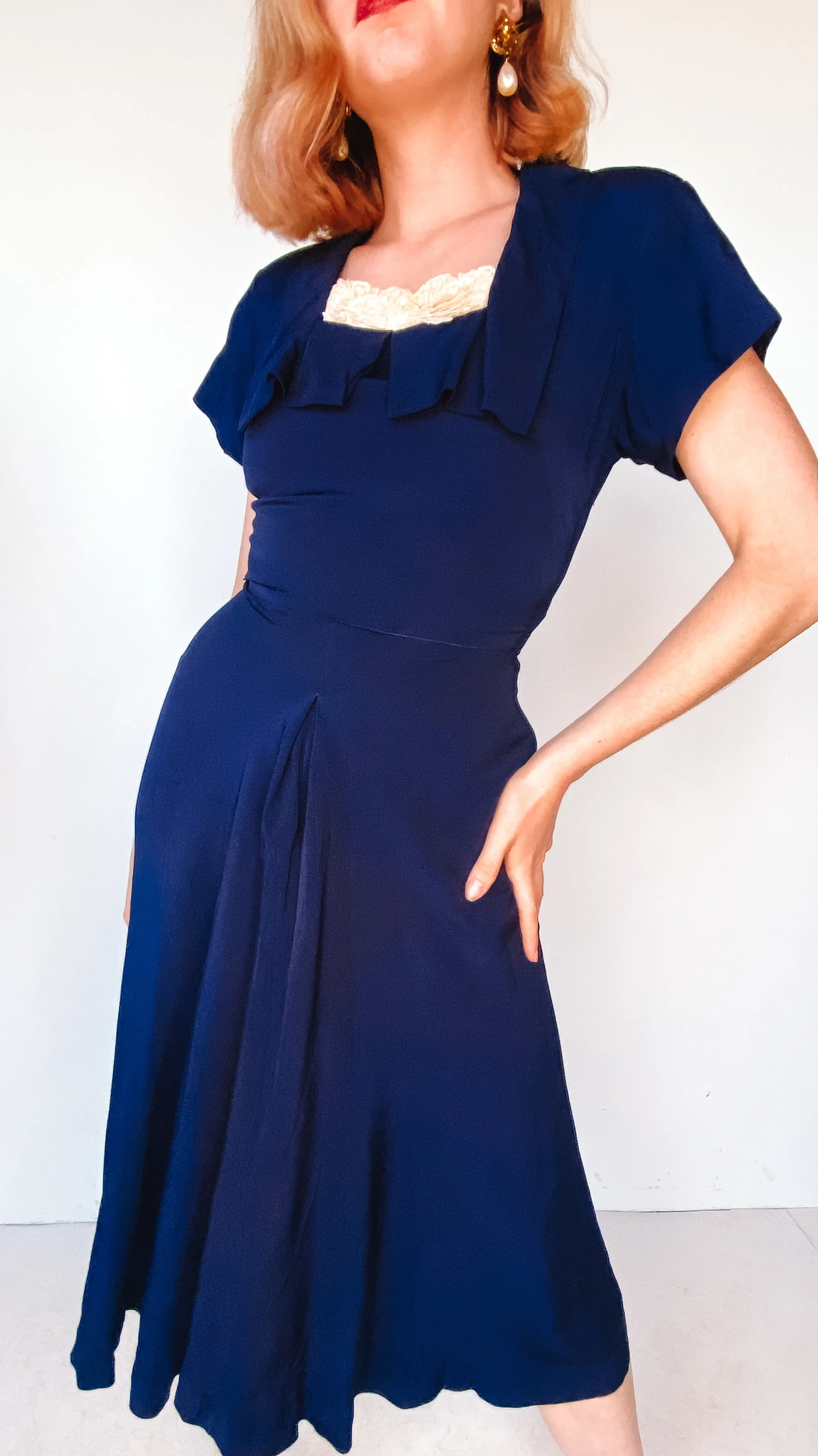 1940s Navy Dress with Lace Collar, sz. XS