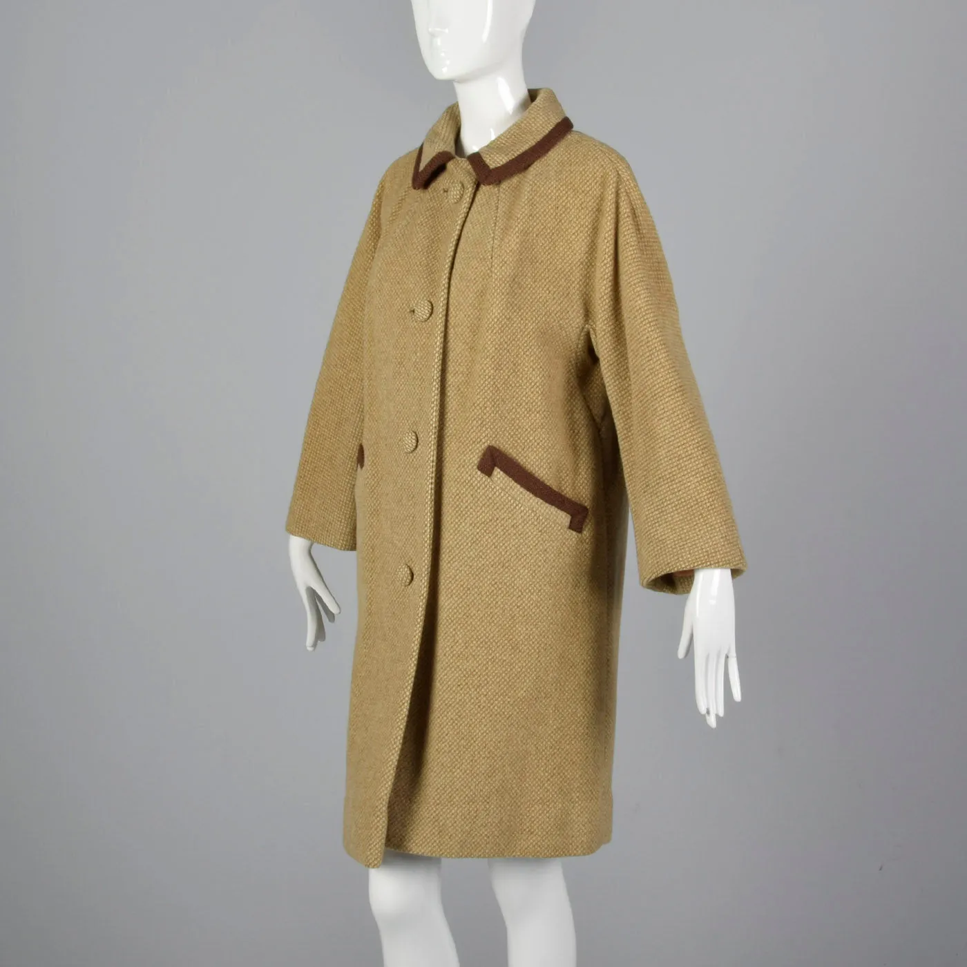 1950s Beige Tweed Coat with Brown Trim