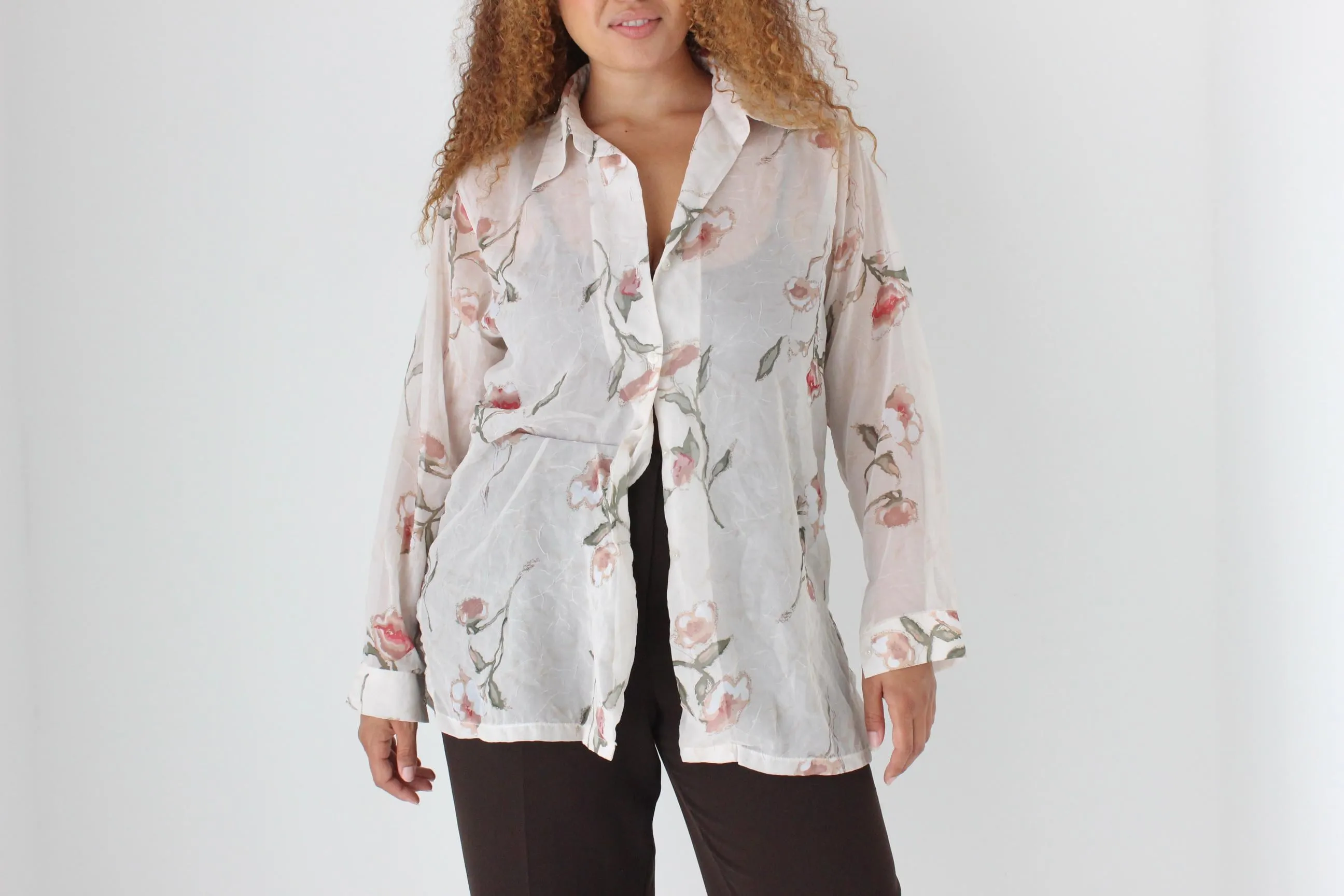 90s Pastel Floral Semi Sheer Shirt