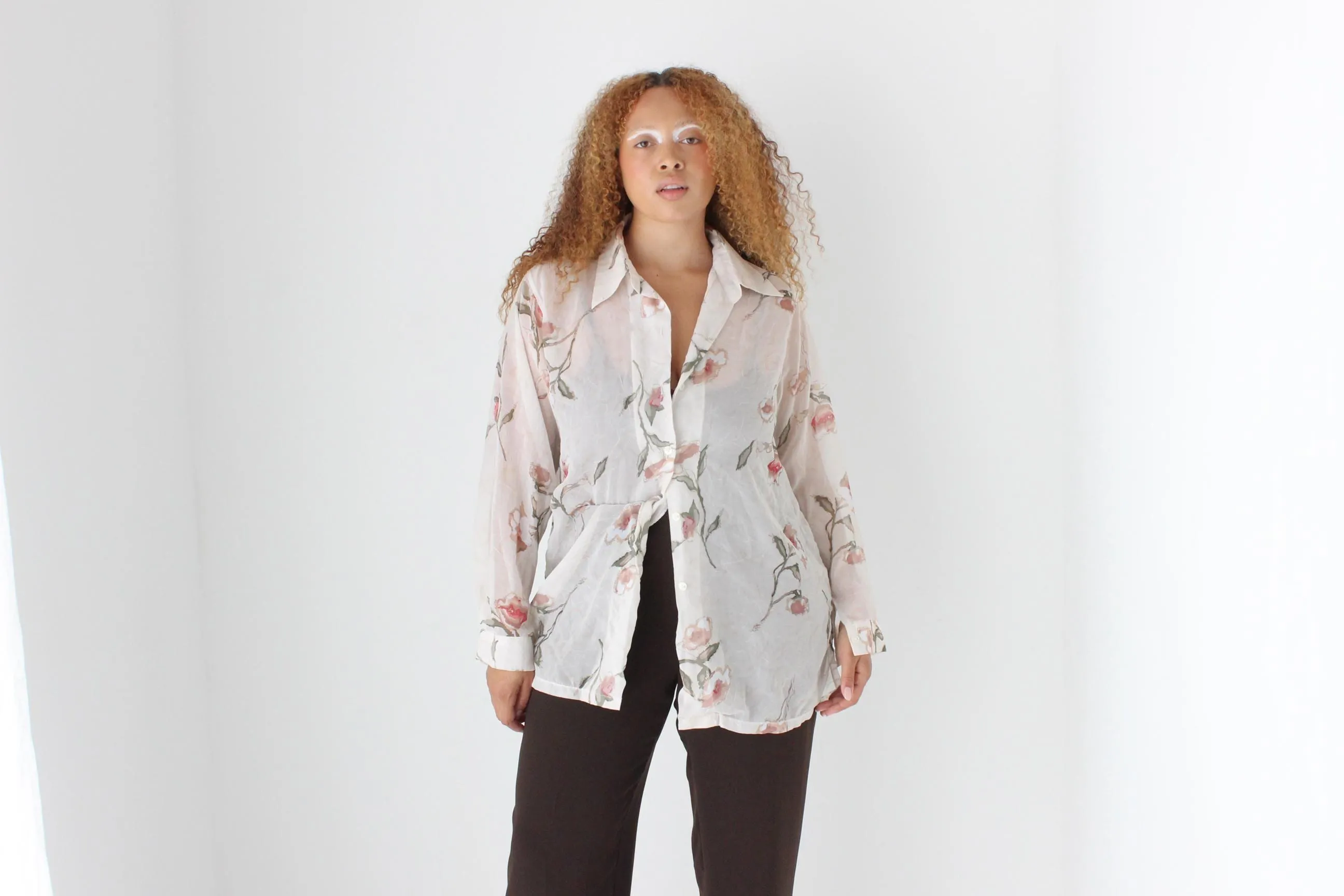 90s Pastel Floral Semi Sheer Shirt