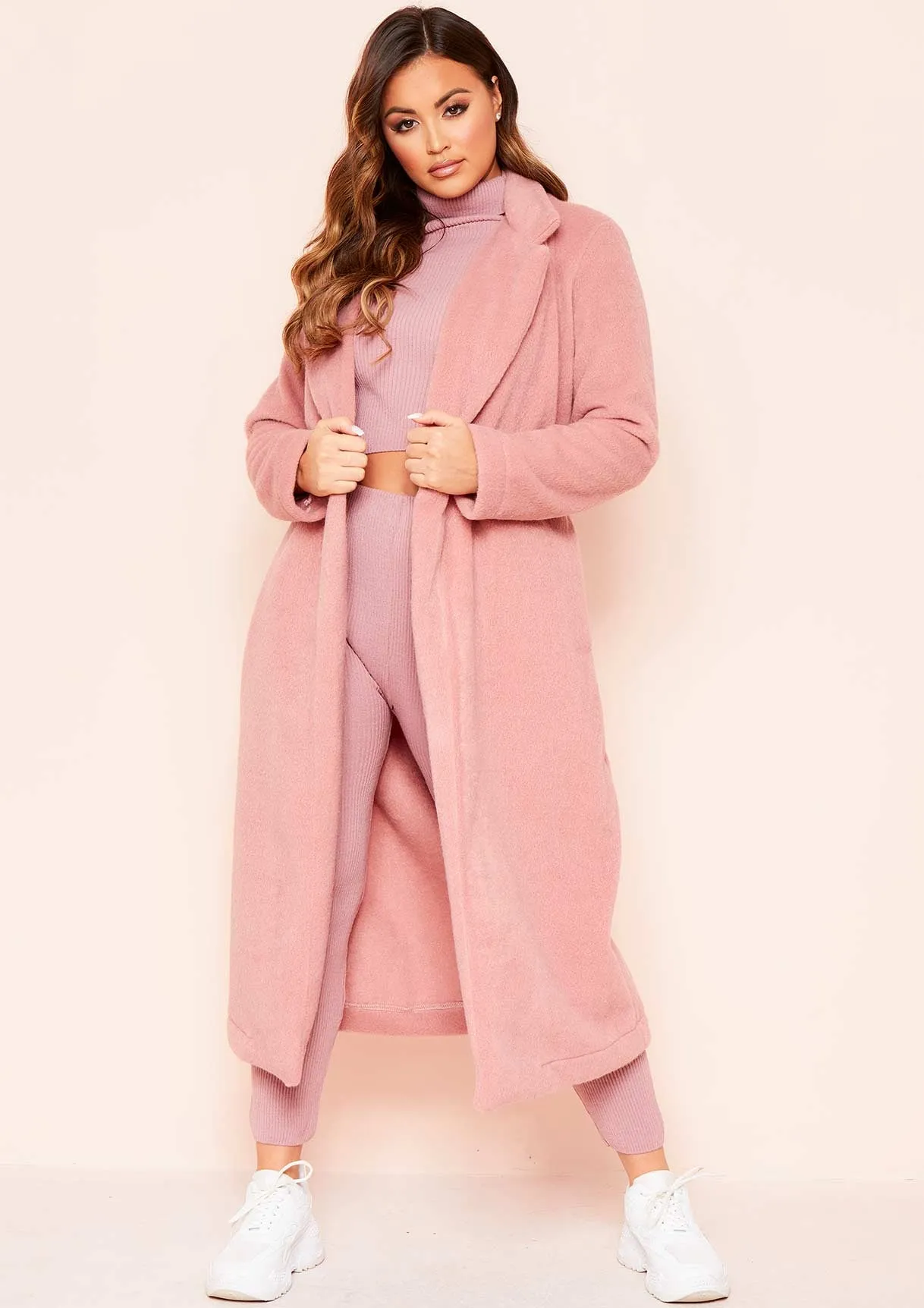 Avarel Pink Longline Belted Wool Coat
