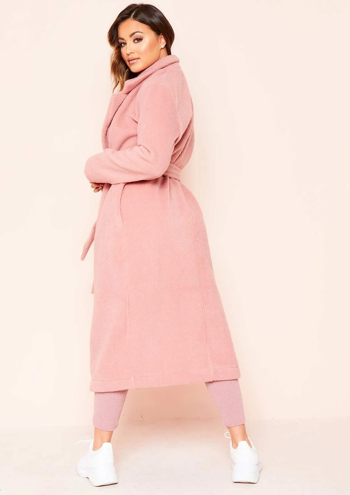 Avarel Pink Longline Belted Wool Coat