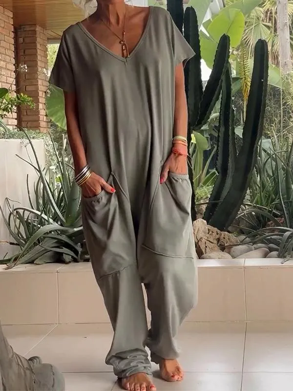 Avslappnad V-ringad enfärgad jumpsuit