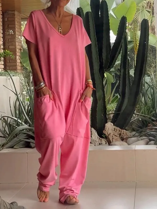 Avslappnad V-ringad enfärgad jumpsuit