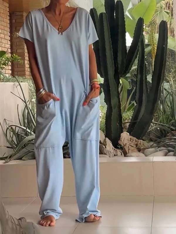 Avslappnad V-ringad enfärgad jumpsuit