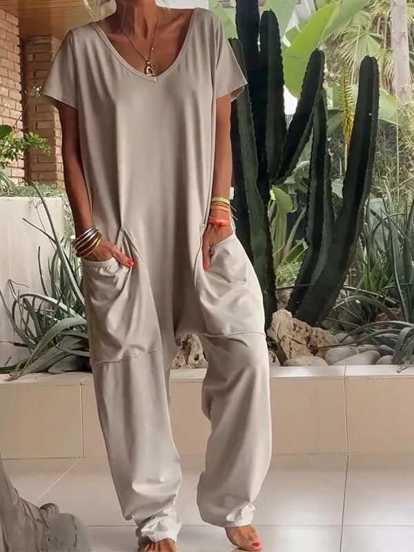 Avslappnad V-ringad enfärgad jumpsuit