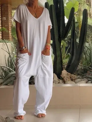 Avslappnad V-ringad enfärgad jumpsuit