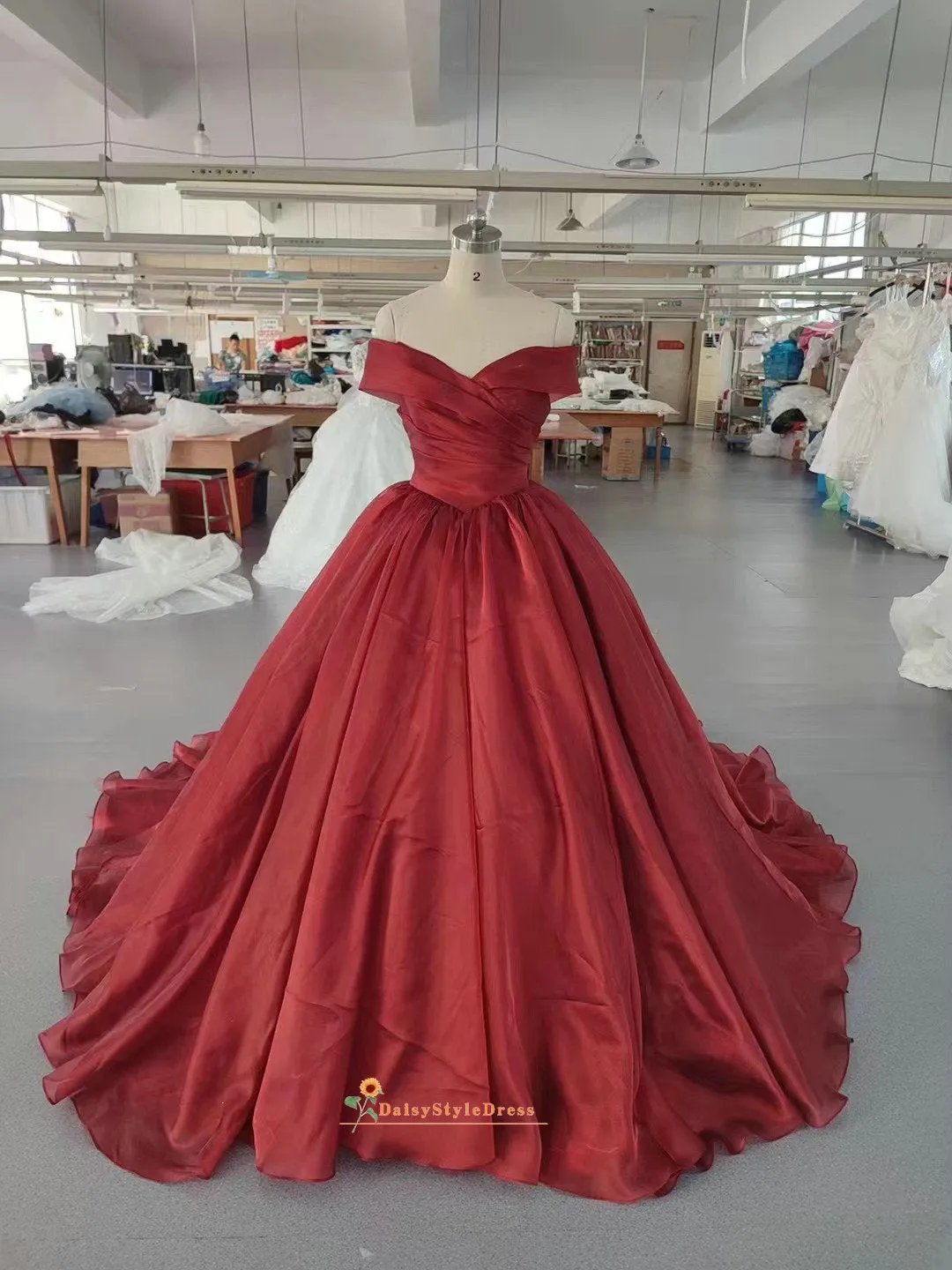 Ball Gown Off Shoulder Sleeve Deep Red Wedding Dress