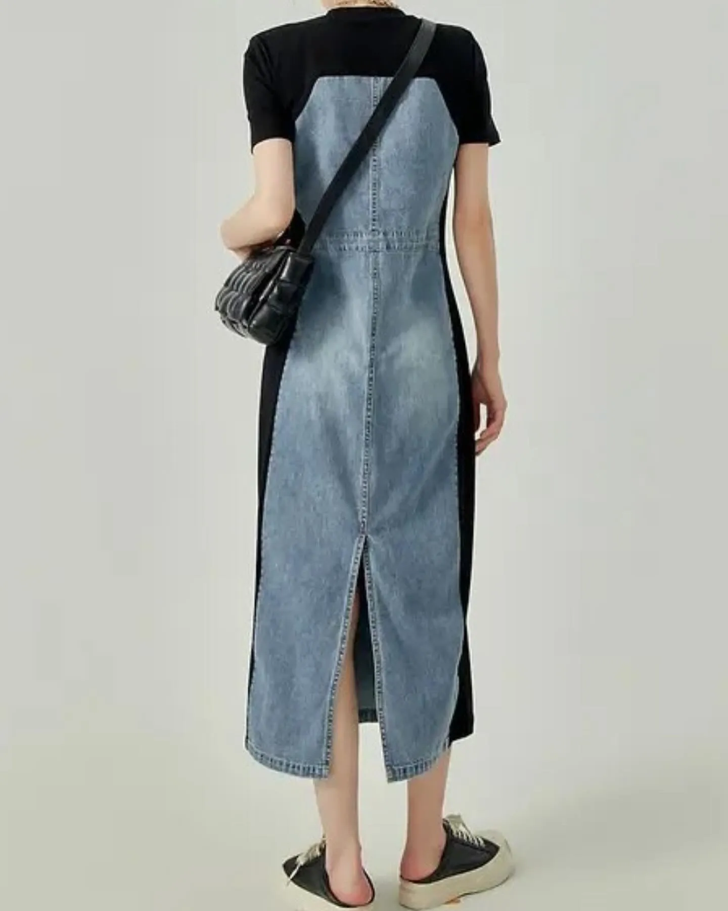 Black and denim asymmetrical sleeveless midi dress