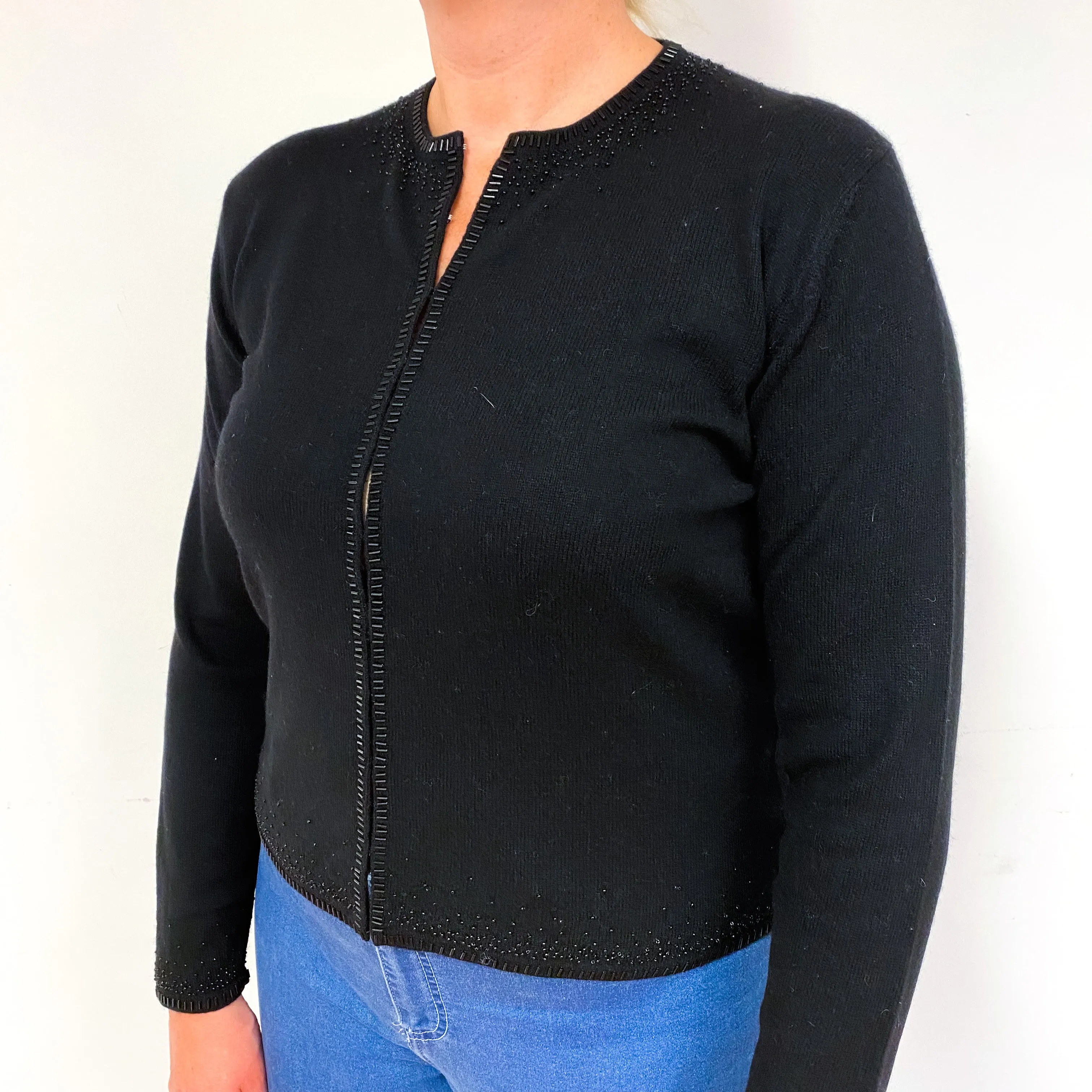 Black Beaded Cashmere Crew Neck Cardigan Large