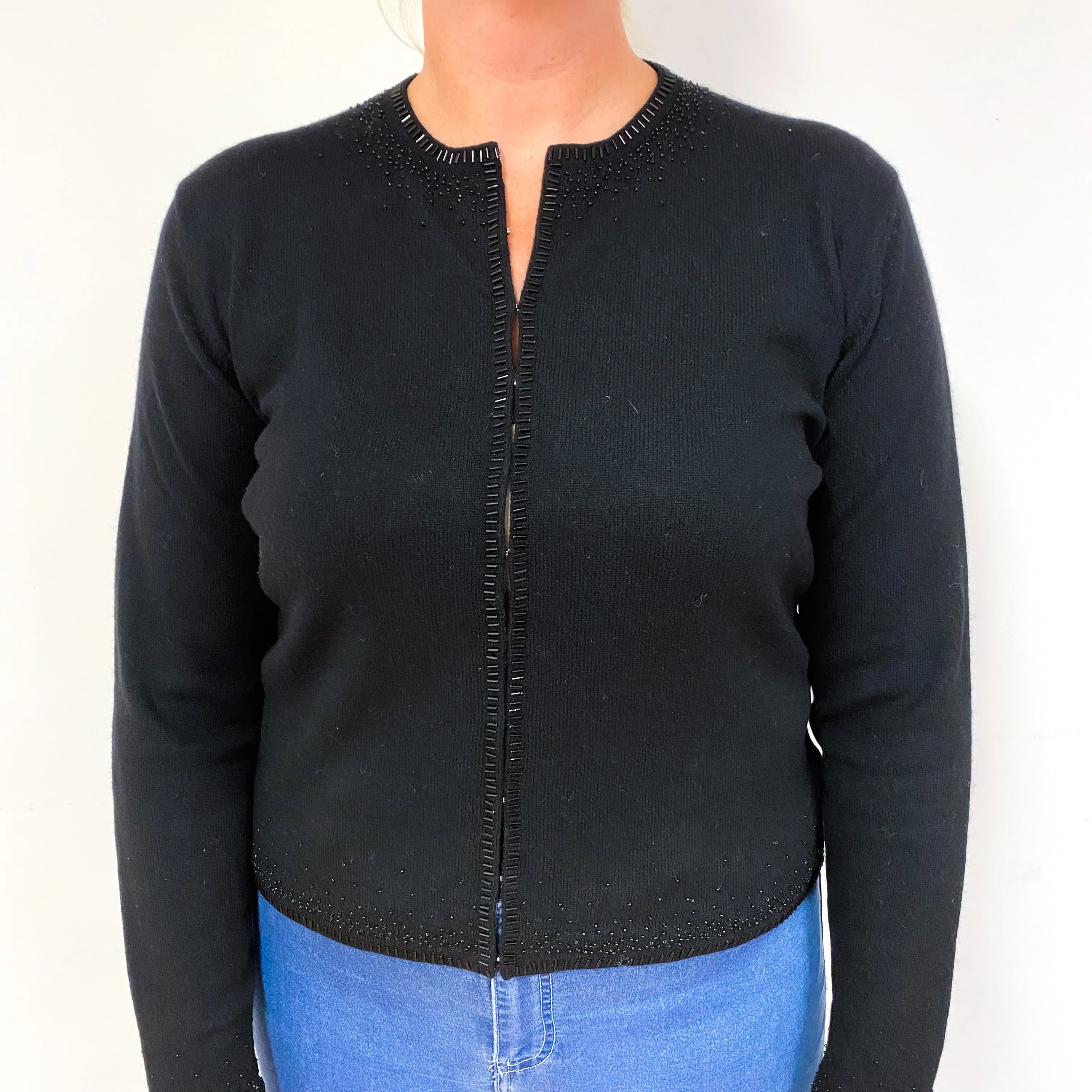 Black Beaded Cashmere Crew Neck Cardigan Large