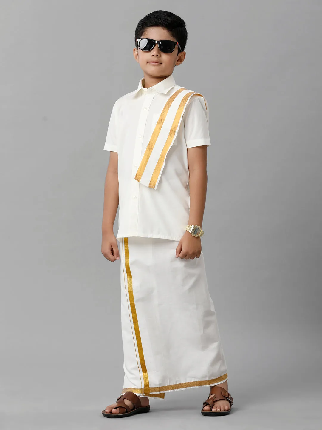 Boys Cotton Cream Half Sleeves Shirt Dhoti with Towel Set