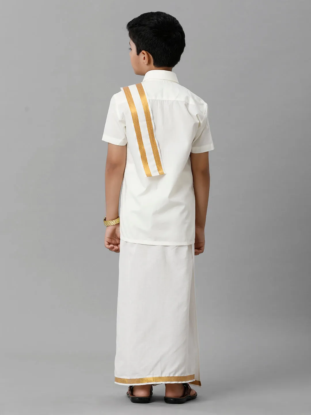Boys Cotton Cream Half Sleeves Shirt Dhoti with Towel Set