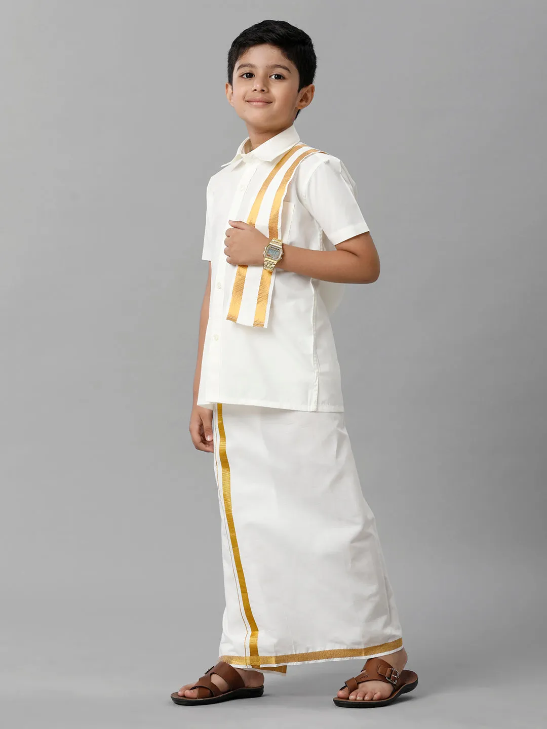 Boys Cotton Cream Half Sleeves Shirt Dhoti with Towel Set