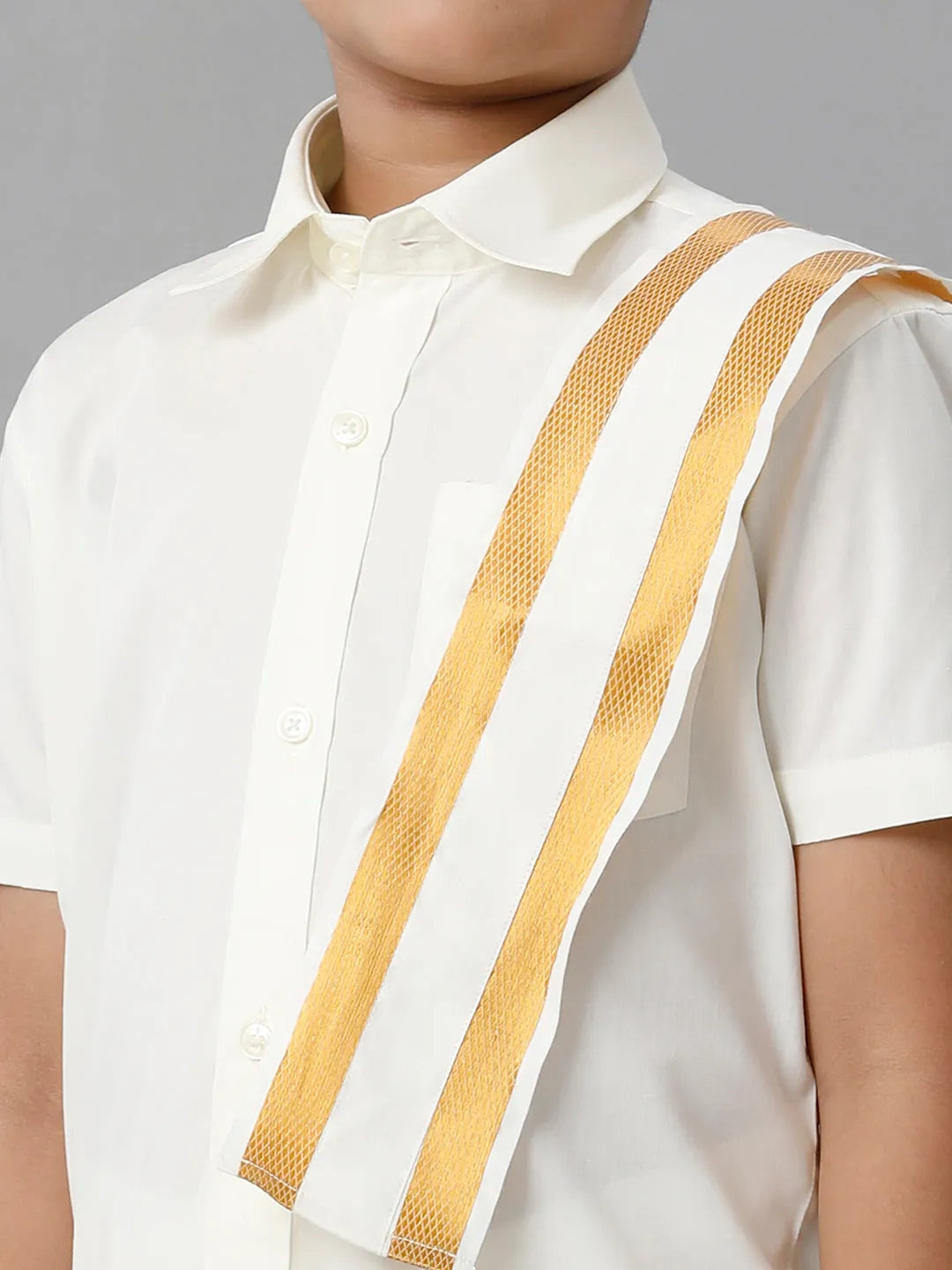 Boys Cotton Cream Half Sleeves Shirt Dhoti with Towel Set