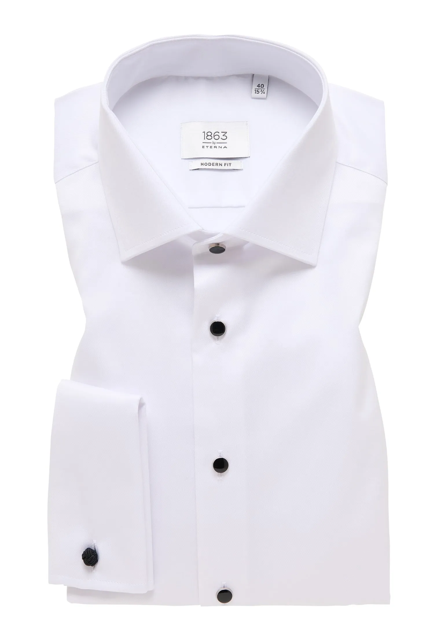 'Celebration Luxury Shirt' in White with French Cuff and Black Stud Buttons - Modern Fit - Two Ply Cotton Formal Shirt by Eterna 1863