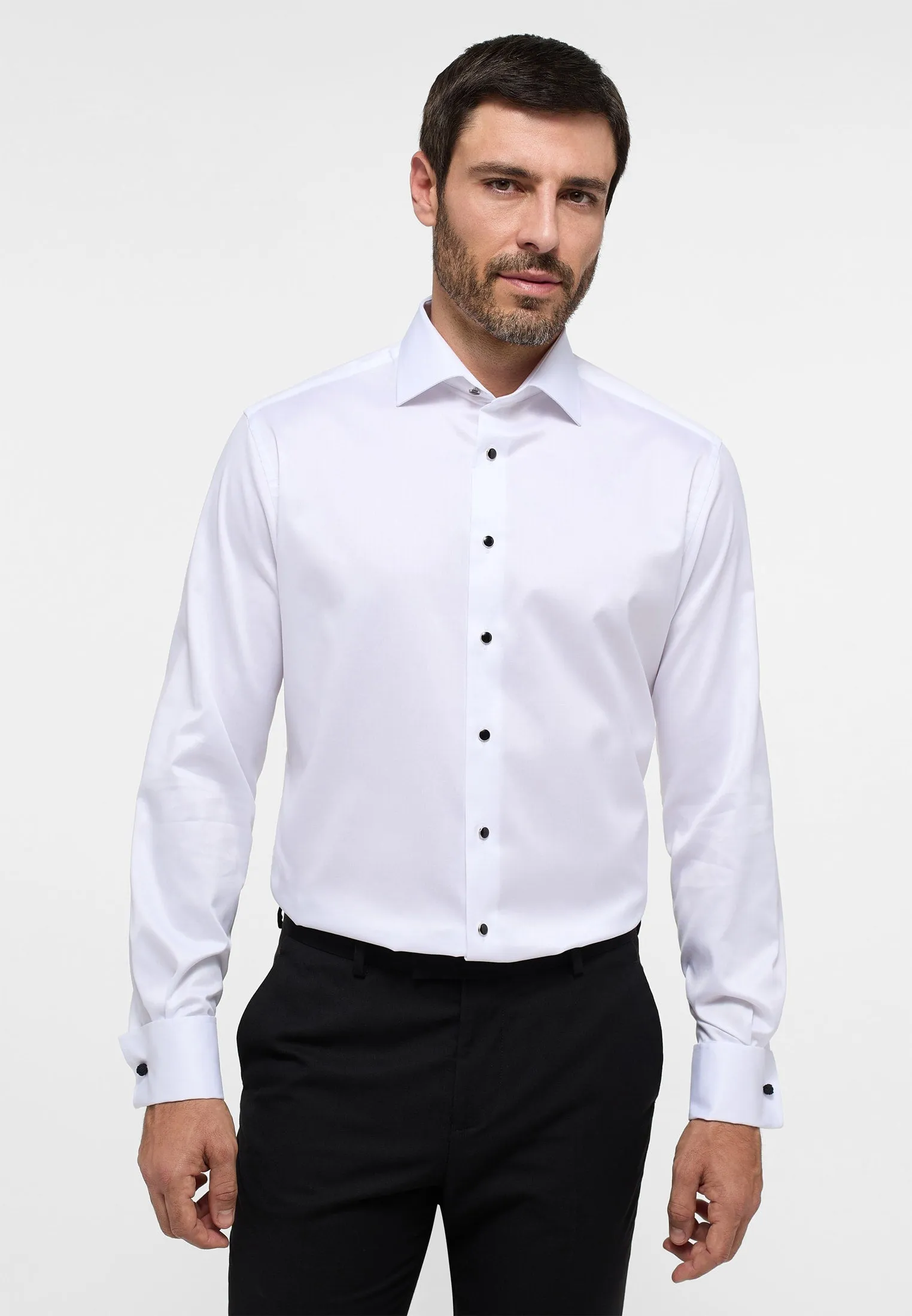 'Celebration Luxury Shirt' in White with French Cuff and Black Stud Buttons - Slim Fit - Two Ply Cotton Formal Shirt by Eterna 1863