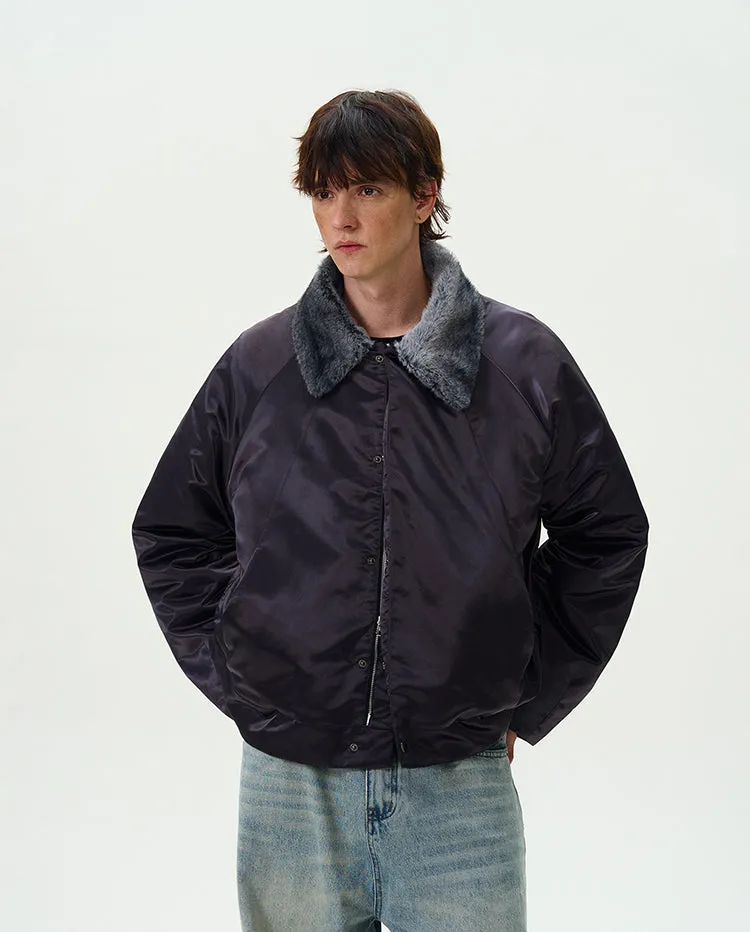 Contrast Faux Fur Collar Glossy Snap Button Bomber Jacket