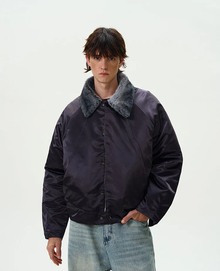 Contrast Faux Fur Collar Glossy Snap Button Bomber Jacket