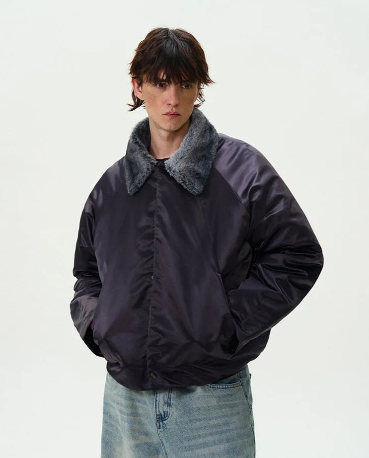 Contrast Faux Fur Collar Glossy Snap Button Bomber Jacket