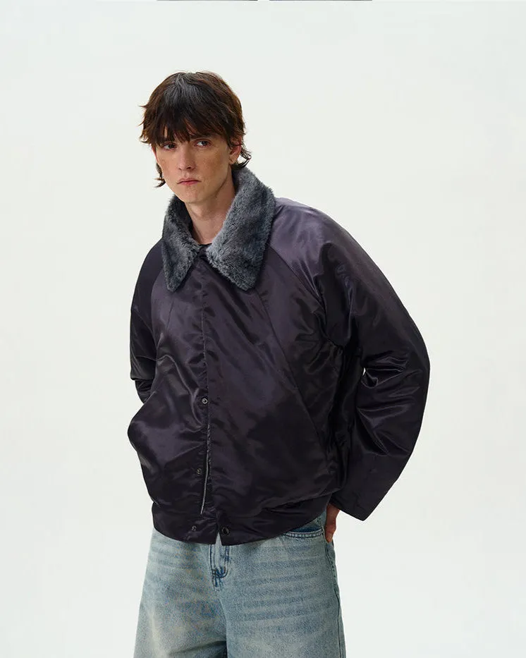 Contrast Faux Fur Collar Glossy Snap Button Bomber Jacket