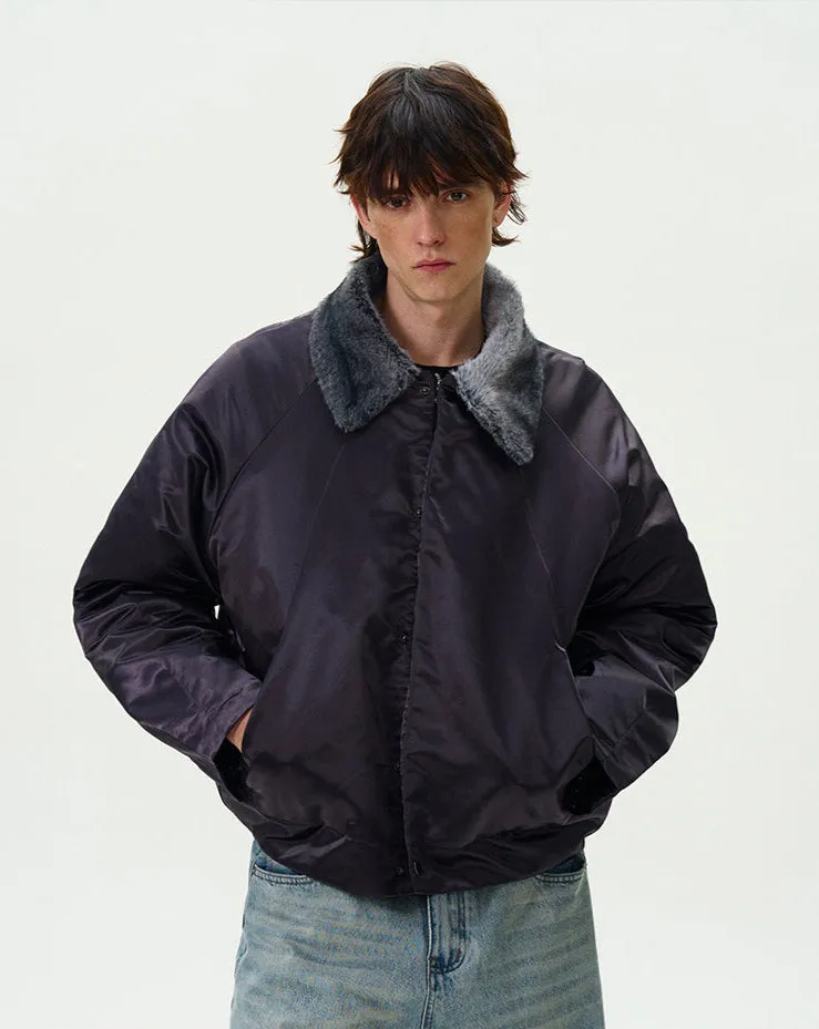 Contrast Faux Fur Collar Glossy Snap Button Bomber Jacket
