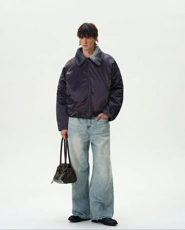 Contrast Faux Fur Collar Glossy Snap Button Bomber Jacket