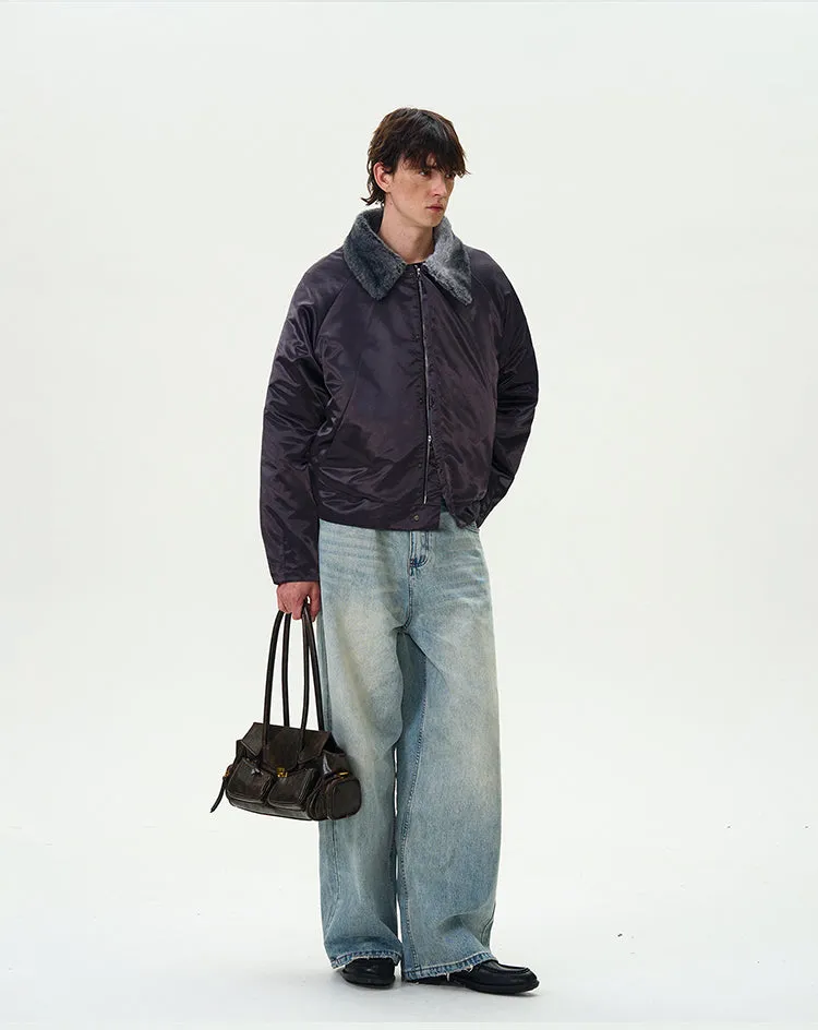 Contrast Faux Fur Collar Glossy Snap Button Bomber Jacket