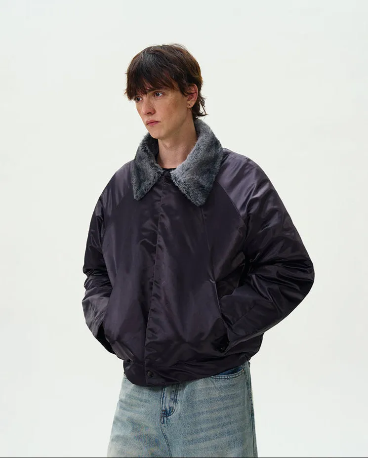 Contrast Faux Fur Collar Glossy Snap Button Bomber Jacket