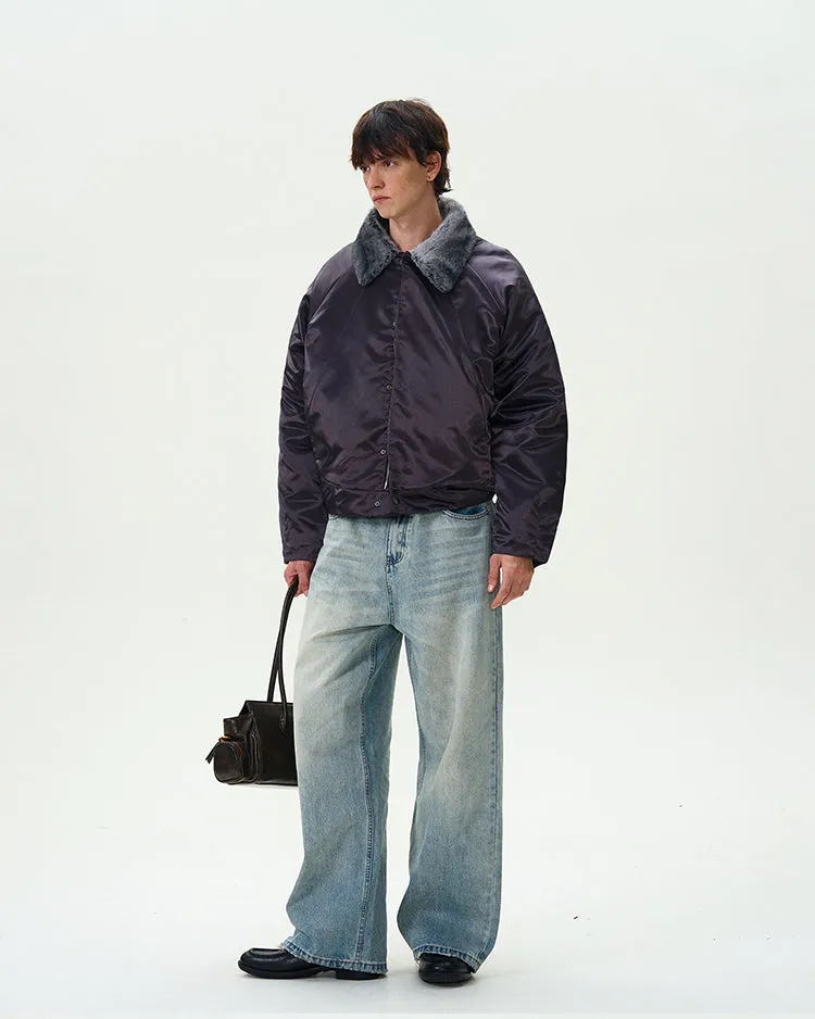 Contrast Faux Fur Collar Glossy Snap Button Bomber Jacket
