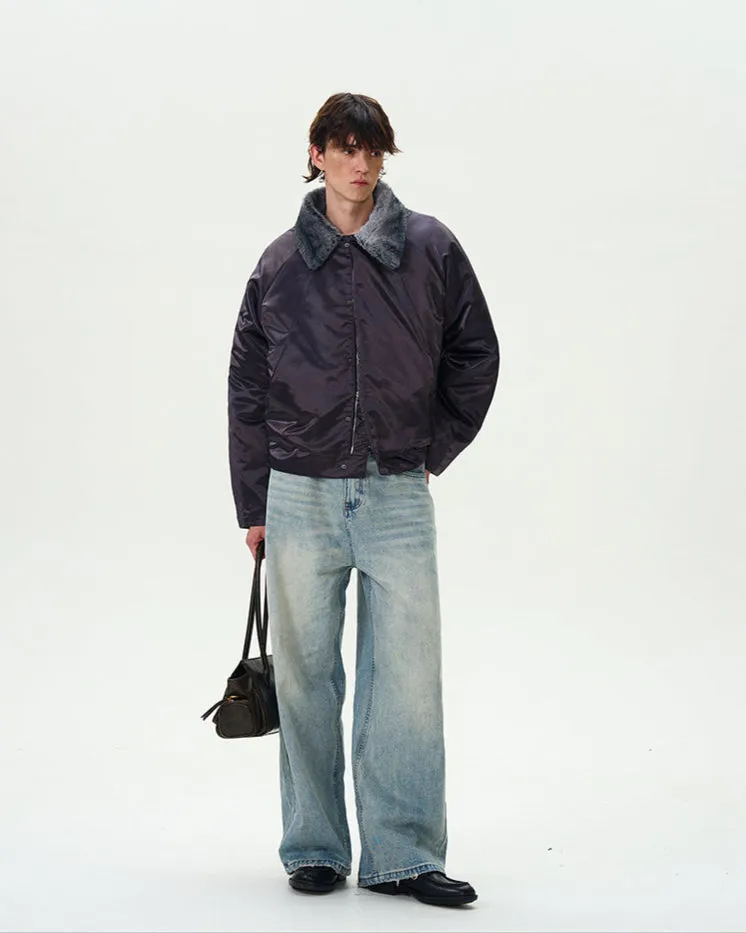 Contrast Faux Fur Collar Glossy Snap Button Bomber Jacket