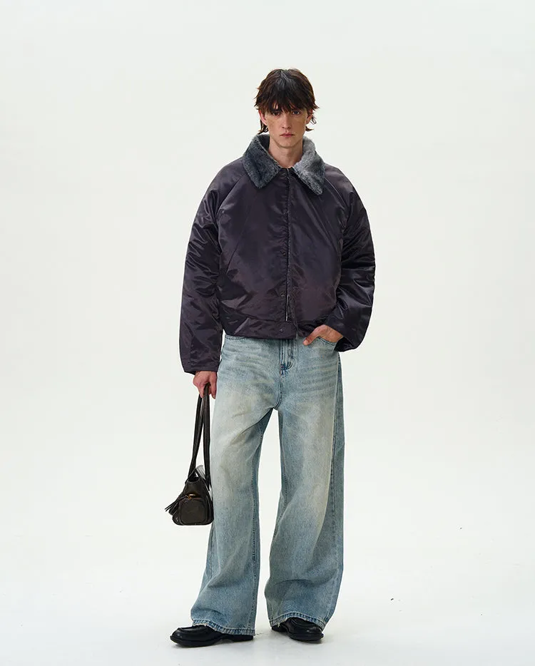Contrast Faux Fur Collar Glossy Snap Button Bomber Jacket