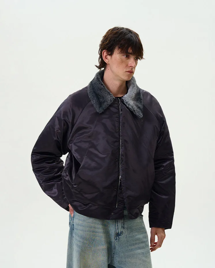 Contrast Faux Fur Collar Glossy Snap Button Bomber Jacket