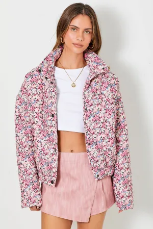 CREAM AND ROSE FLORAL PRINT CORDUROY PUFFER JACKET