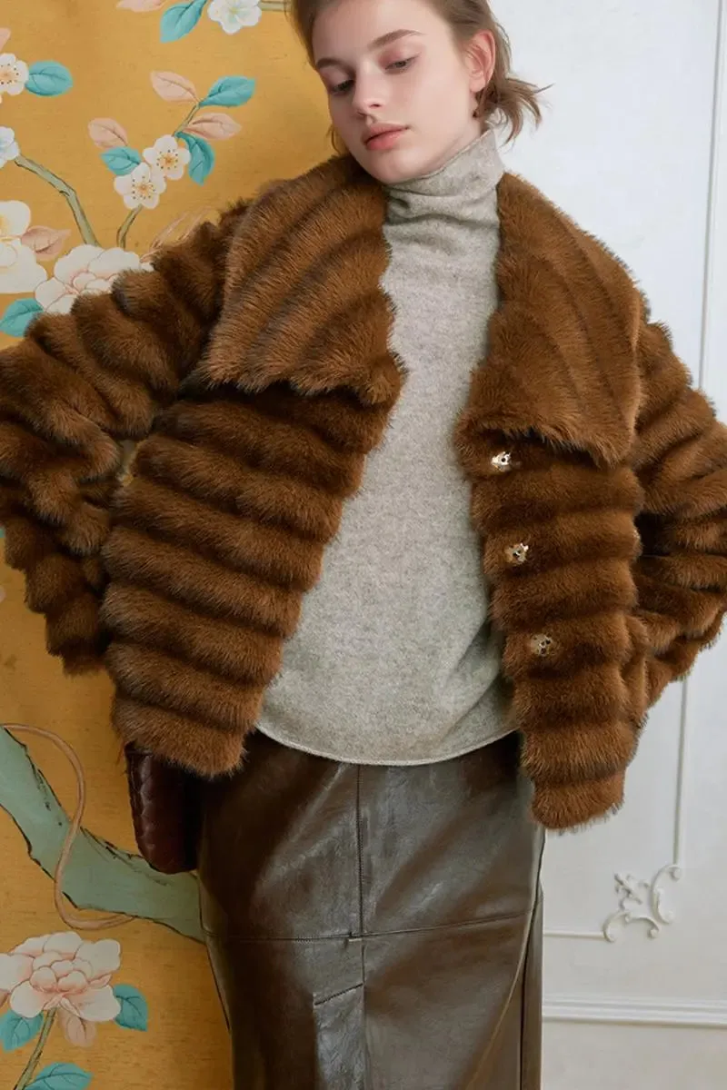 Cropped Faux Fur Chinchilla Coat with Oversized Collar