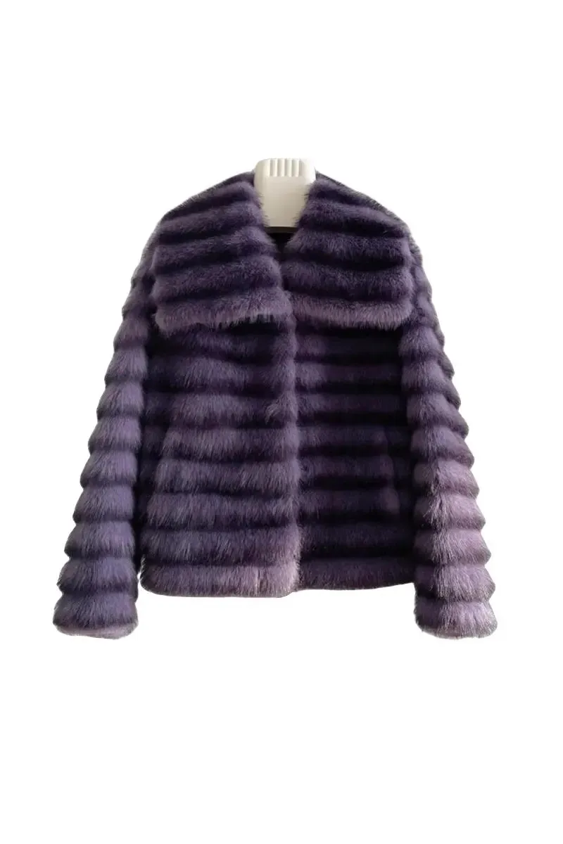 Cropped Faux Fur Chinchilla Coat with Oversized Collar