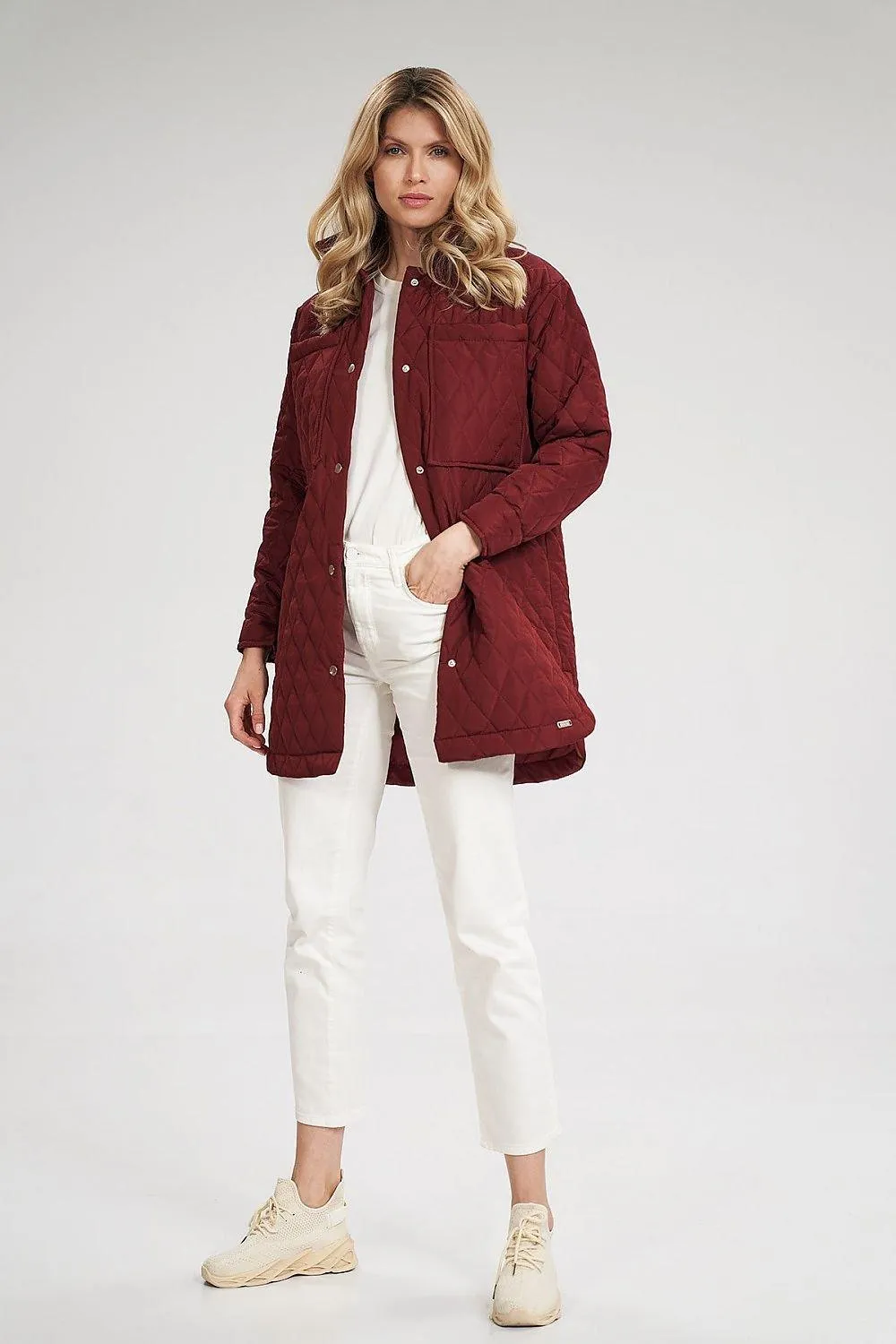 Elegant Long Quilted Coat with Stylish Side Slits and Snap Closure Features