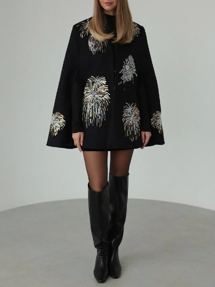 Embellished Wool Cape Coat