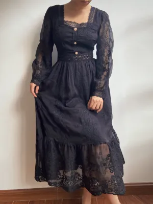 Embroidered Floral Lace Long Sleeve Midi Dress