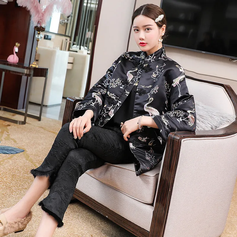 Floral Embroidery Brocade Chinese Style Wadded Coat with Fur Cuff