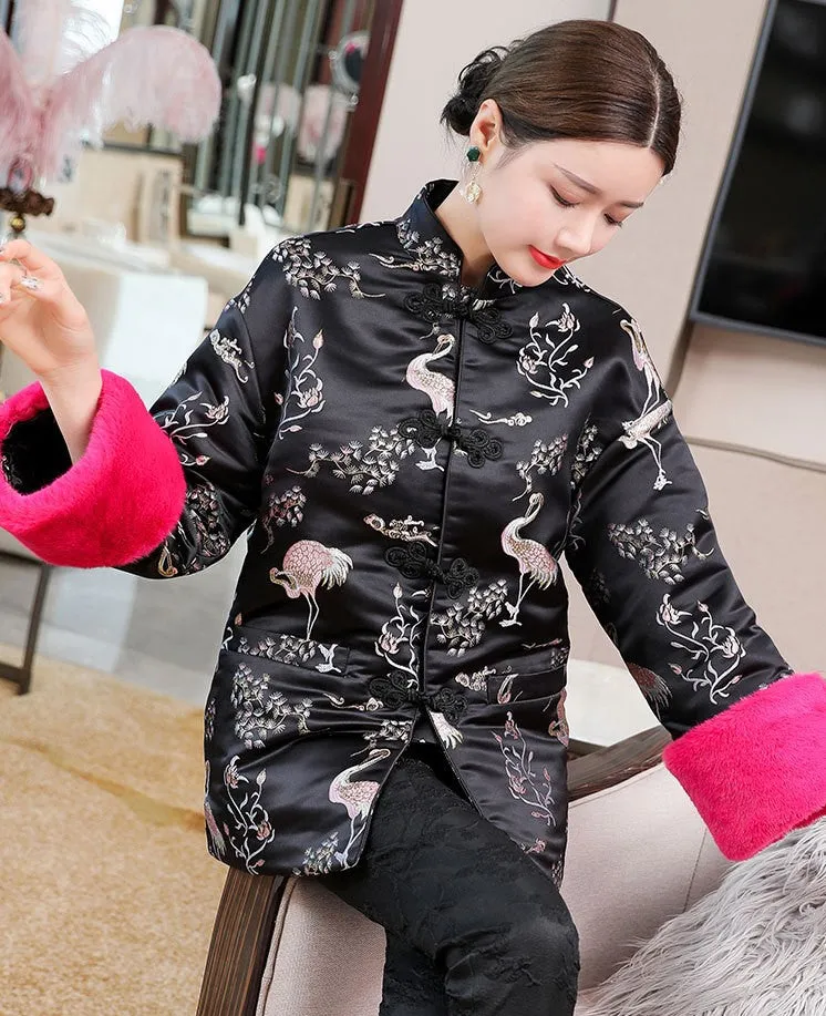 Floral Embroidery Brocade Chinese Style Wadded Coat with Fur Cuff