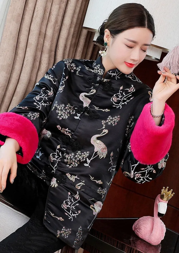Floral Embroidery Brocade Chinese Style Wadded Coat with Fur Cuff