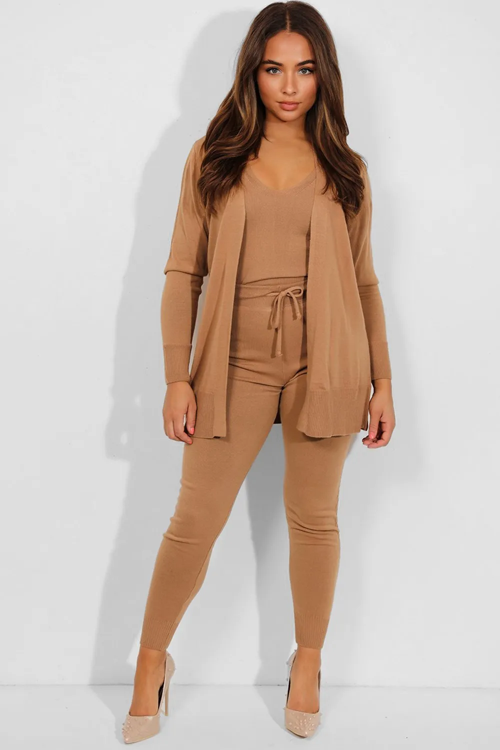 KNIT CARDIGAN TOP & LEGGINGS 3 PIECE CAMEL LOUNGE SET