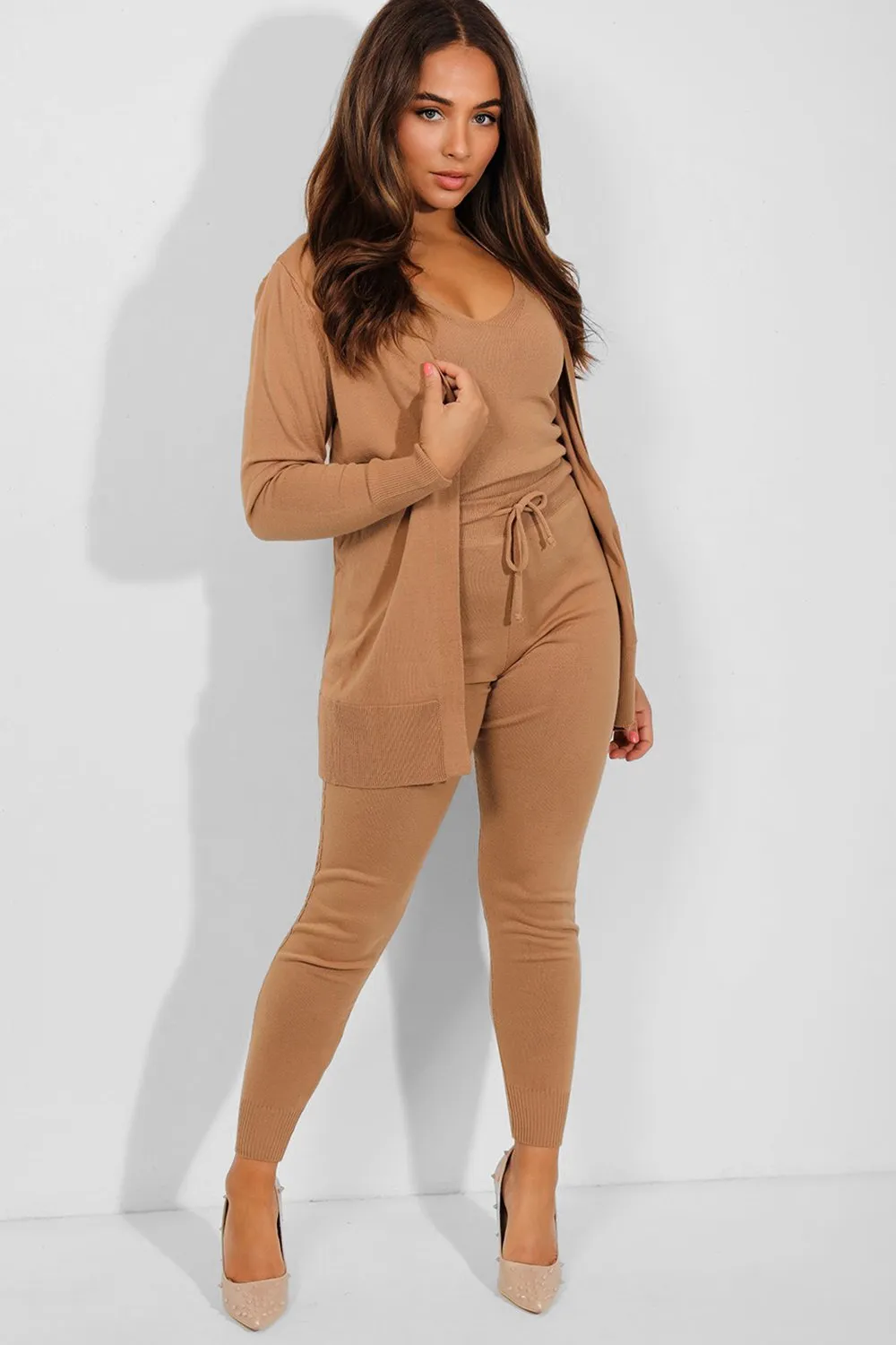 KNIT CARDIGAN TOP & LEGGINGS 3 PIECE CAMEL LOUNGE SET