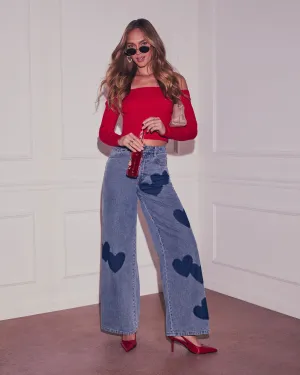 Lemin Heart Printed Denim Jeans