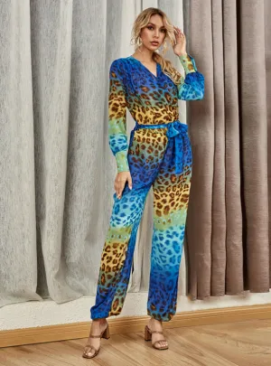 Leopard Print Jumpsuit Long Sleeve Printing Leisure