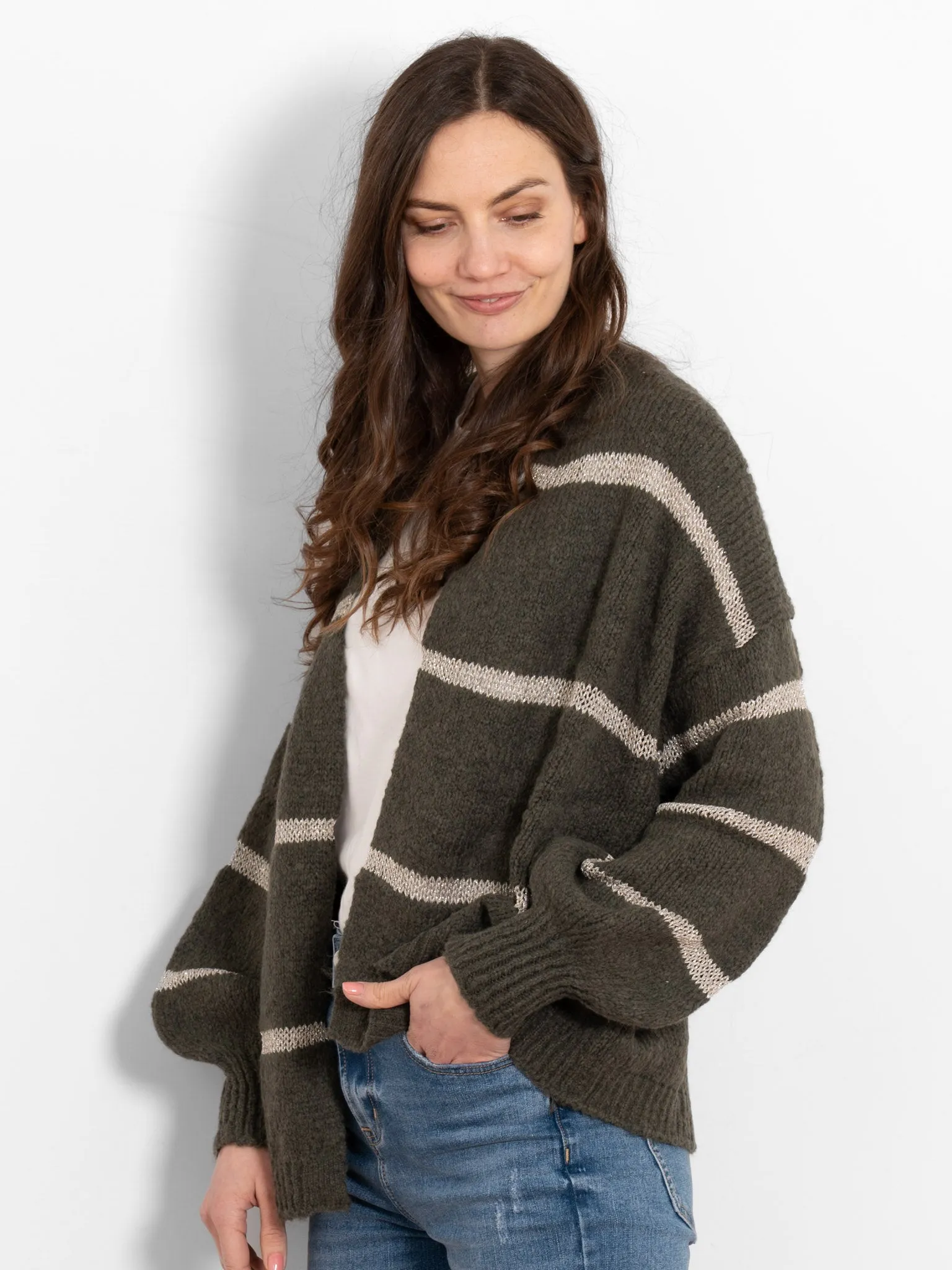 Lucy Wool Blend Cardigan - Khaki, Gold/Striped