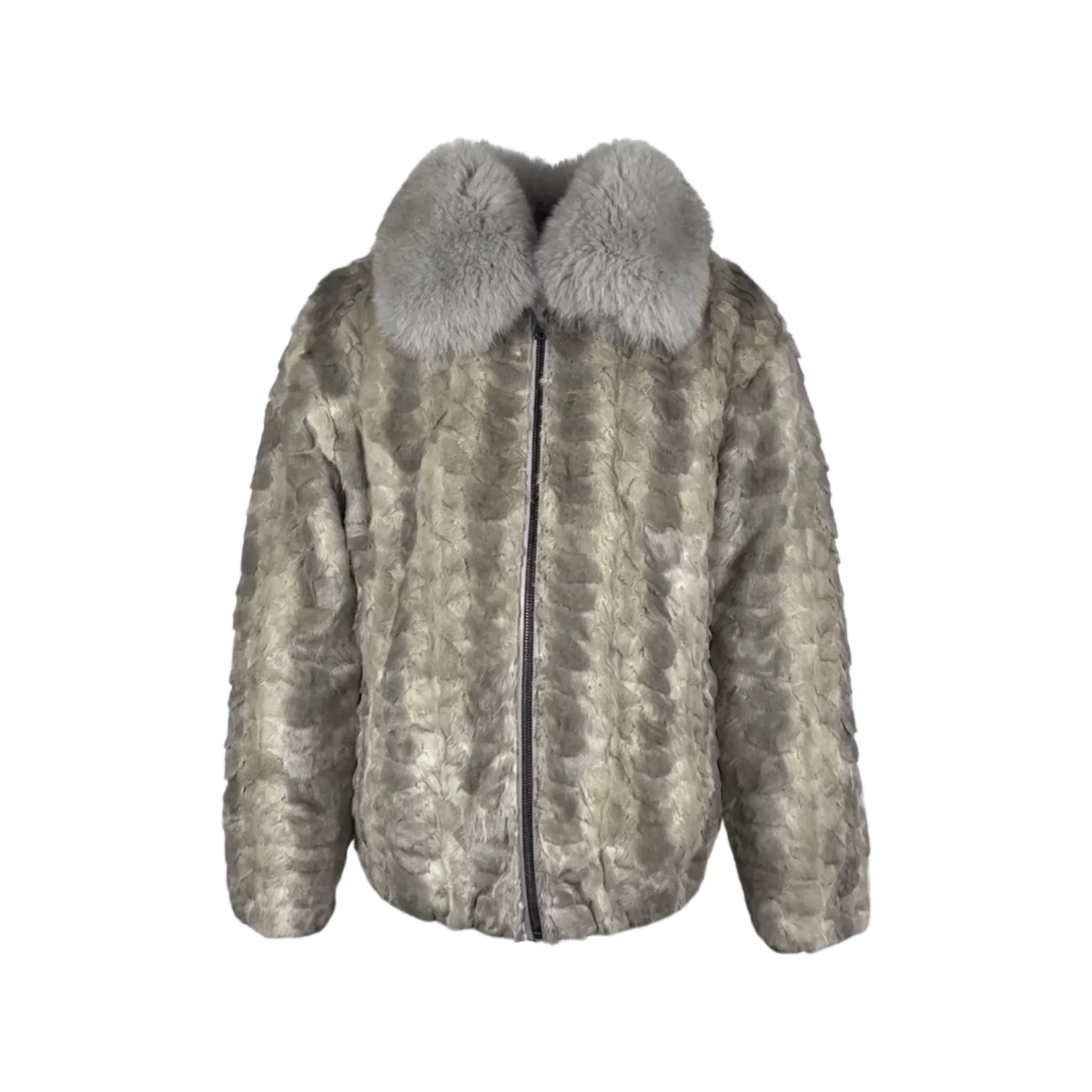 Men's Cross Mink Section Grey Bomber Jacket with Fox Collar Style #7361