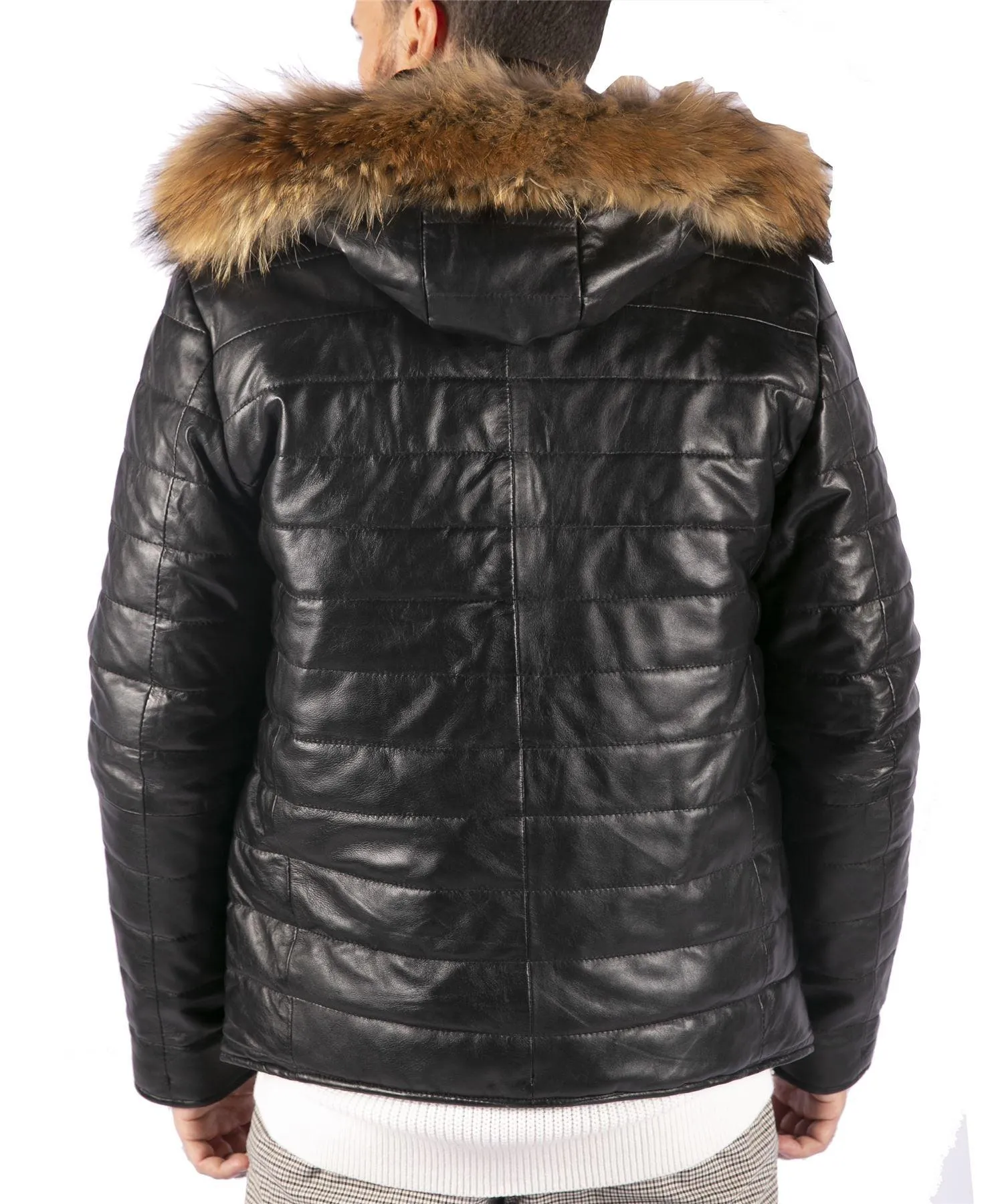 Men's Leather Black Puffer Jacket With Hood Warm Zipped